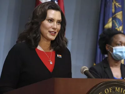 Gov. Gretchen Whitmer at a recent news conference about the coronavirus.
