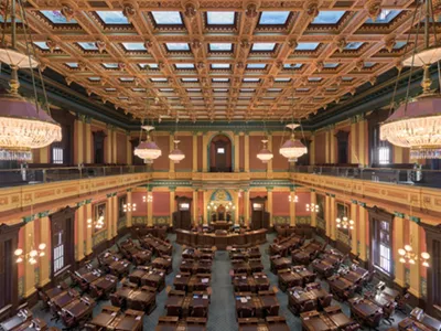 House of Representatives chamber inside the Michigan State Capitol building.