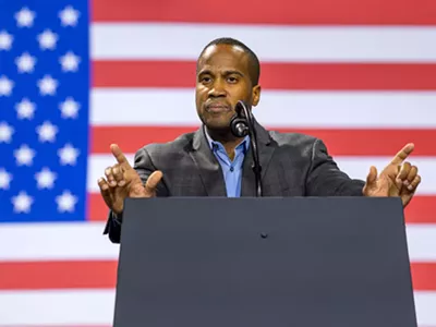 John James, a Republican, speaks at a rally in Battle Creek in December 2020.