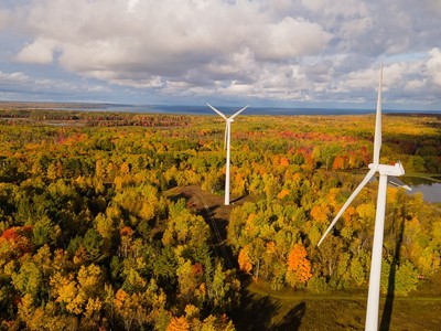 Two towering wind turbines provide clean energy near Mackinaw City in Michigan.