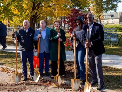 Members of the partnership at a ceremony in Bailey Park in Detroit. From left, DTE Chairman Jerry Norcia, Mayor Mike Duggan, Sen. Debbie Stabenow, Bailey Park Neighborhood Development Corporation Founder Katrina Watkins, and Greening of Detroit President Lionel Bradford.