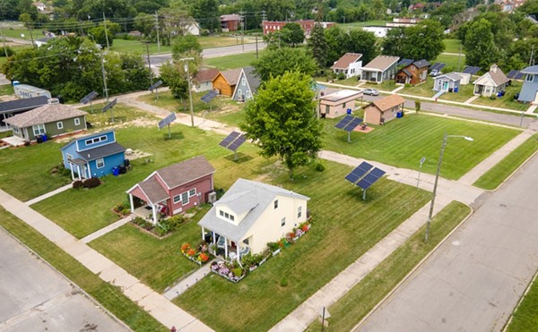 Aerial photo of a tiny home community in Detroit.