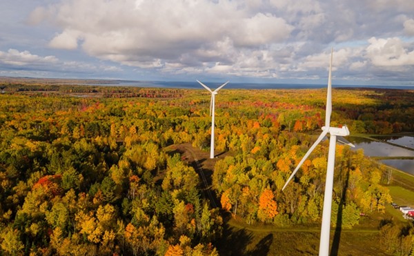 Two towering wind turbines provide clean energy near Mackinaw City in Michigan.