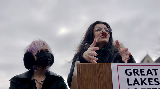 U.S. Rep. Rashida Tlaib speaks at a rally for Great Lakes Roasting Co. in Detroit on Wednesday. To her left is barista Lea Green.