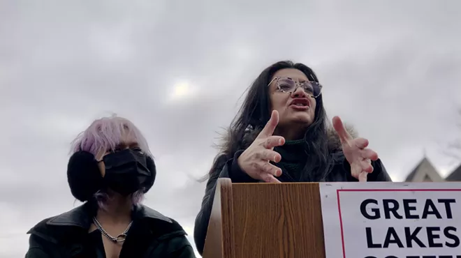 U.S. Rep. Rashida Tlaib speaks at a rally for Great Lakes Roasting Co. in Detroit on Wednesday. To her left is barista Lea Green.