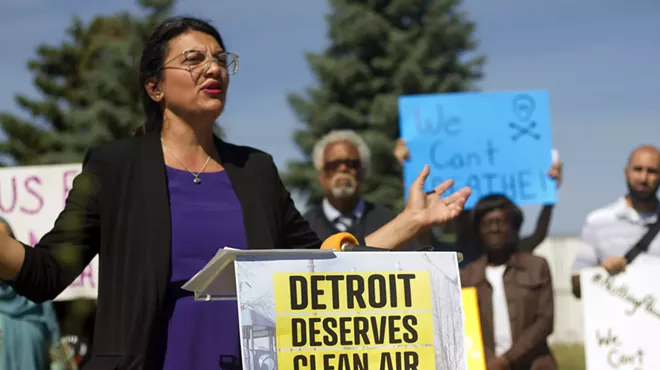 U.S. Rep. Rashida Tlaib speaks at a news conference outside U.S. Ecology in Detroit.