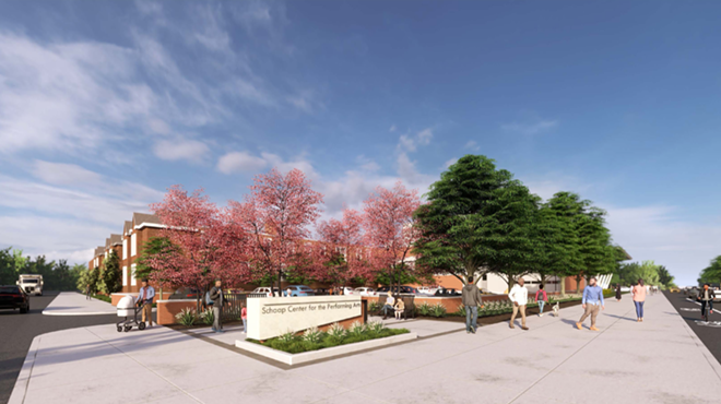 Rendering of the proposed A. Paul and Carol C. Schaap Center for the Performing Arts at the border of Detroit and Grosse Pointe Park.