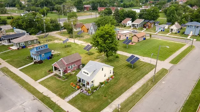 Aerial photo of a tiny home community in Detroit.