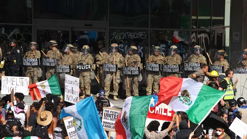 The National Guard patrols a federal building during the ICE protest in Downtown Los Angeles in June, 2025.
