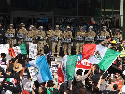 The National Guard patrols a federal building during the ICE protest in Downtown Los Angeles in June, 2025.