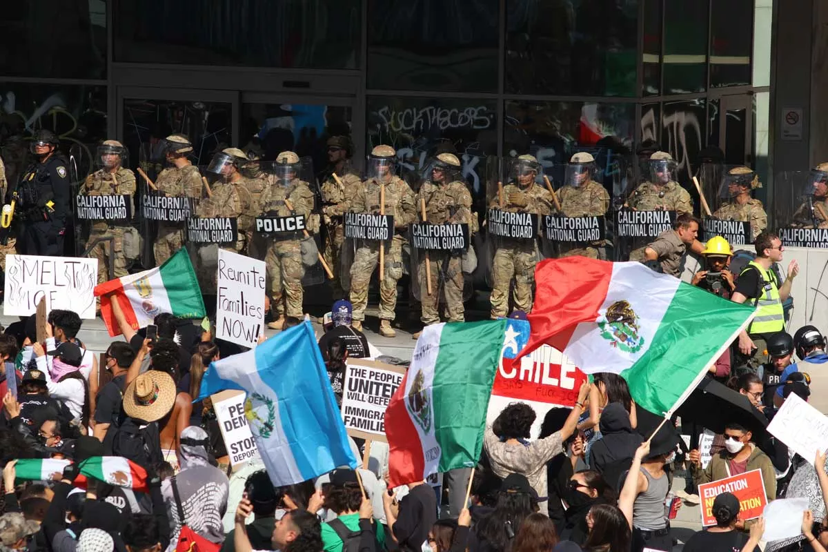 Image: The National Guard patrols a federal building during the ICE protest in Downtown Los Angeles in June, 2025.