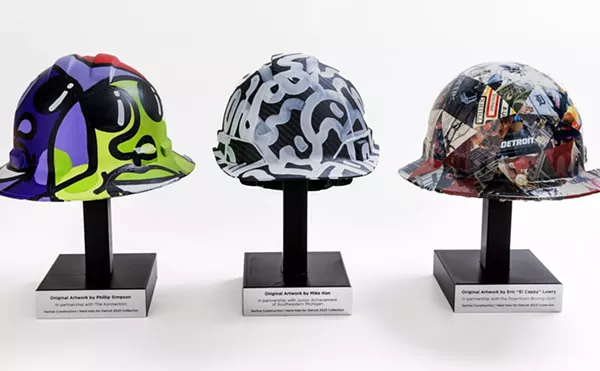 The hardhats painted by Phillip Simpson,&nbsp;Eric &ldquo;El Cappy&rdquo; Lowry, and Mike Han will benefit Downtown Boxing Gym, The Konnection, and  Junior Achievement of Southeastern Michigan.
