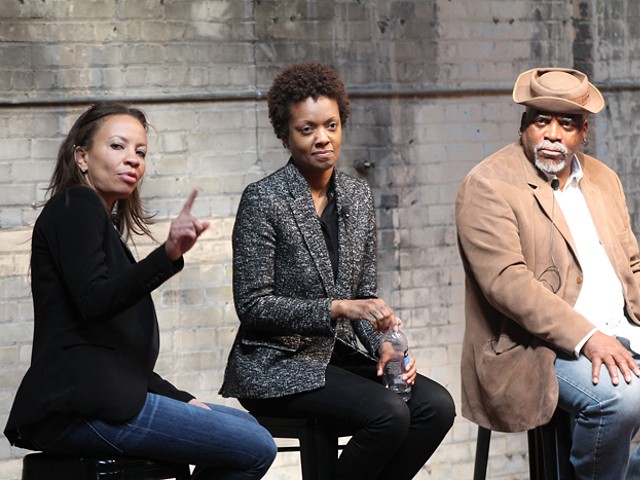 Catherine Kelly, left, publisher of the Michigan Citizen, moderated a panel discussion on gentrification in Detroit on Saturday, April 26, with speakers that included Lauren Hood, middle, of Loveland Technologies and Deep Dive Detroit, and George N'Namdi, right, of the N'Namdi Center for Contemporary Art.