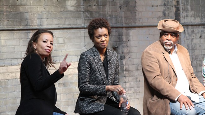 Catherine Kelly, left, publisher of the Michigan Citizen, moderated a panel discussion on gentrification in Detroit on Saturday, April 26, with speakers that included Lauren Hood, middle, of Loveland Technologies and Deep Dive Detroit, and George N'Namdi, right, of the N'Namdi Center for Contemporary Art.