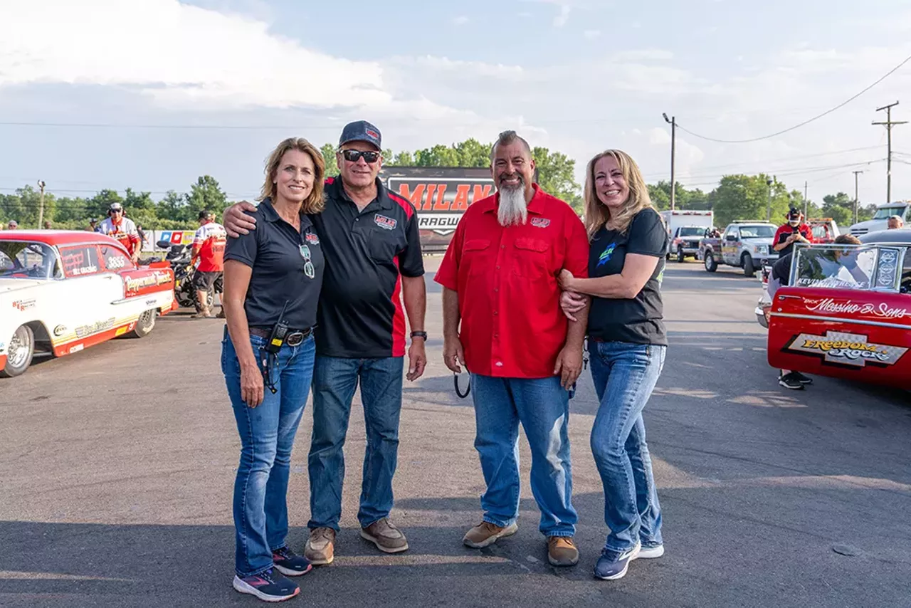 Off to the races: Business partners Perry Merlo and Harold Bullock acquired the old Milan Dragway in 2021. They're joined in the endeavor by their supportive wives, Pam and Liz.