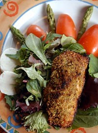 Pistachio Salmon Salad from Union Street in Detroit features baked, pistachio-crusted Atlantic salmon served on a bed of organic mixed greens. - Metro Times photo/Rob Widdis
