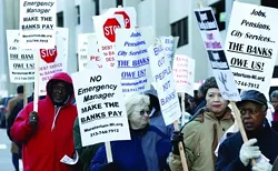 Protesters outside the federal courthouse during Detroit’s bankruptcy trial.