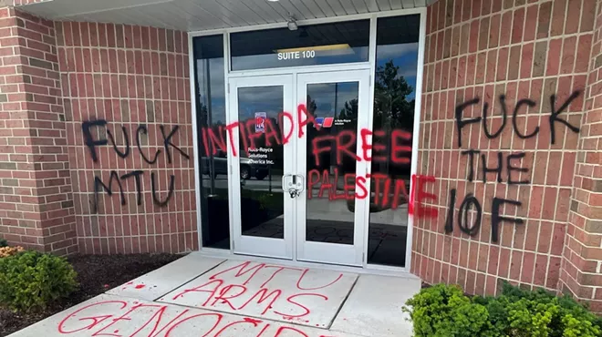 Pro-Palestinian graffiti at a Rolls Royce office in Novi.