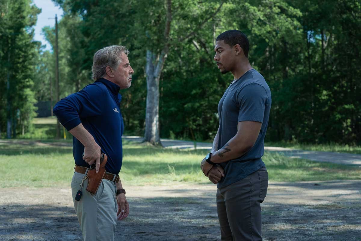 Don Johnson as Chief Sandy Burnne and Aaron Pierre as Terry Richmond in Rebel Ridge.