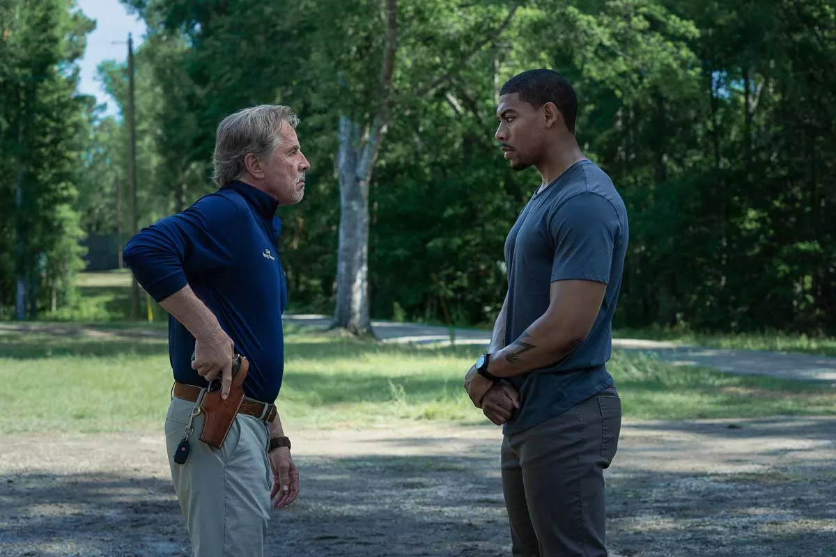 Image: Don Johnson as Chief Sandy Burnne and Aaron Pierre as Terry Richmond in Rebel Ridge.