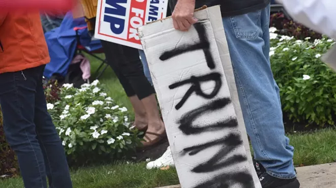 A misspelled Trump sign at the right-wing rally calling for a so-called “audit” of the 2020 election at the Michigan Capitol, Oct. 12, 2021.