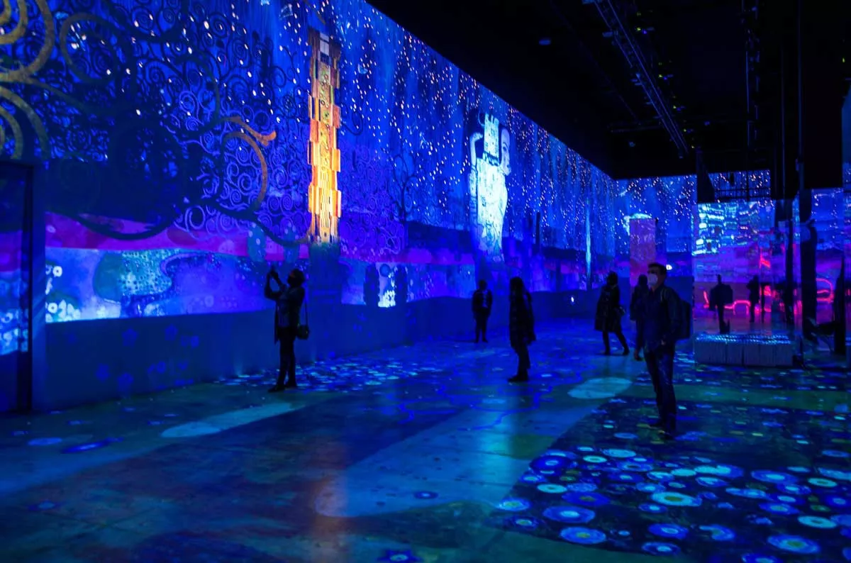 Image: A scene from the Immersive Klimt exhibition at Detroit’s former Ligthouse ArtSpace.