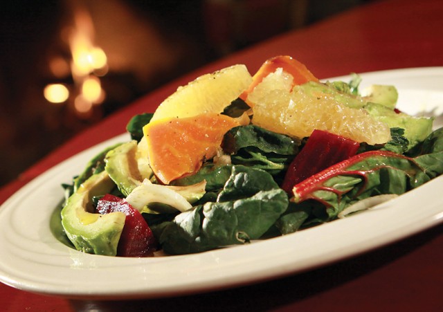 Roasted beet salad, with avocado, shaved fennel, orange segments, greens with red wine and honey vinaigrette from St. CeCe's Pub in Detroit.