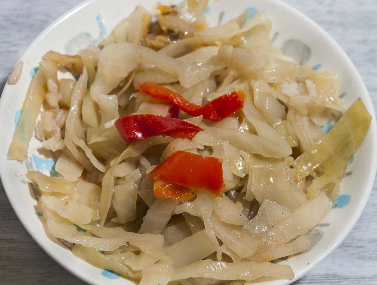 A surprisingly complex, lightly cooked mix of cabbage, onion, and bell pepper.