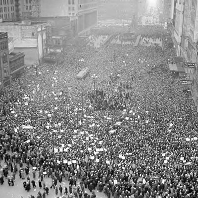 Feb. 4, 1938: UAW labor unions hold a mass meeting at Detroit's Cadillac Square.