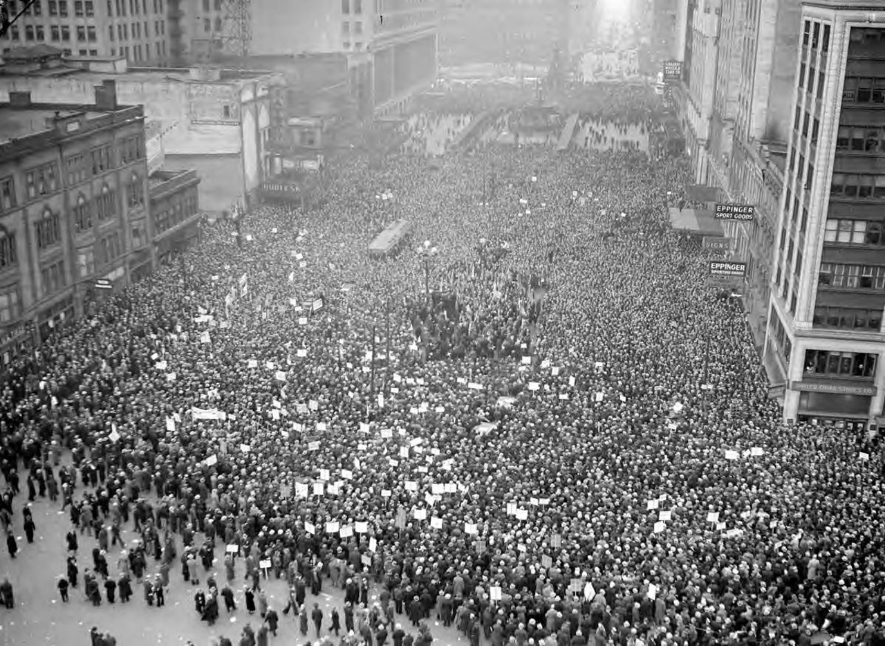 
Feb. 4, 1938: UAW labor unions hold a mass meeting at Detroit's Cadillac Square.