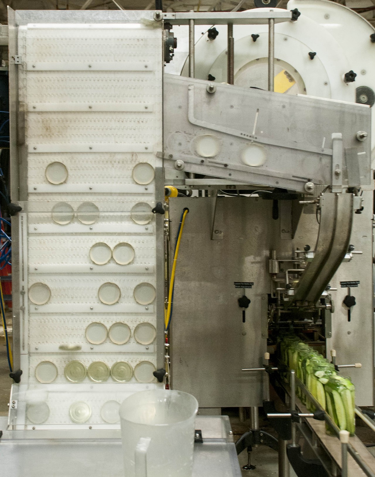 The capping machine's vertical conveyor pulls lids above the jars.