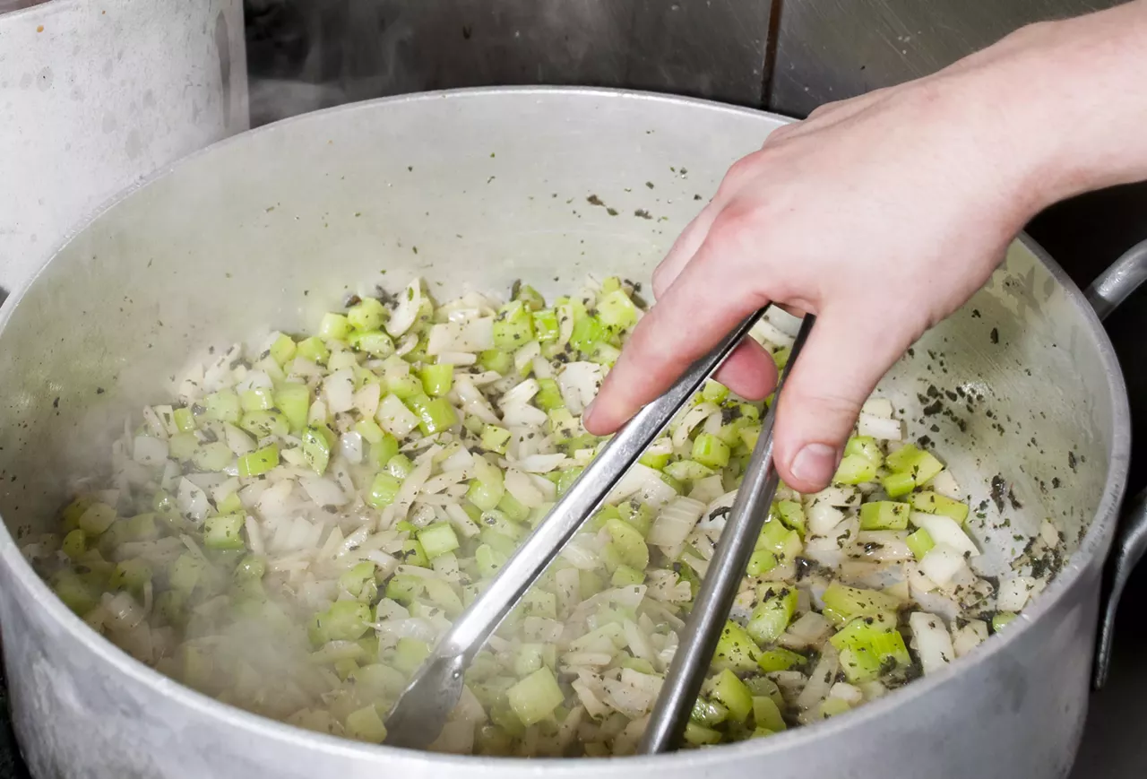 Sautee the celery, onions, and herbs in butter over medium heat until soft.