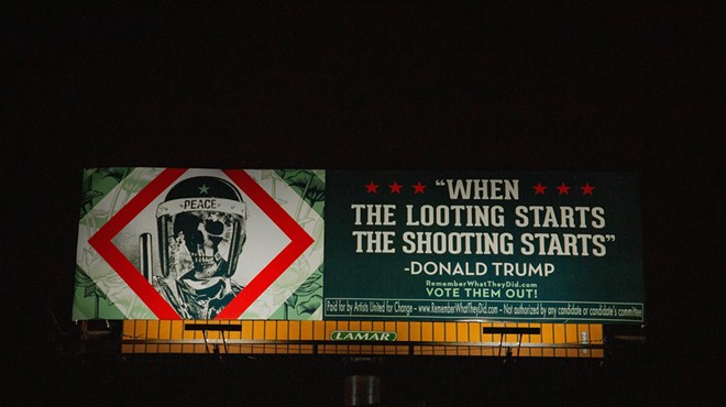 Shepard Fairey's billboard addressing President Trump's violent rhetoric.
