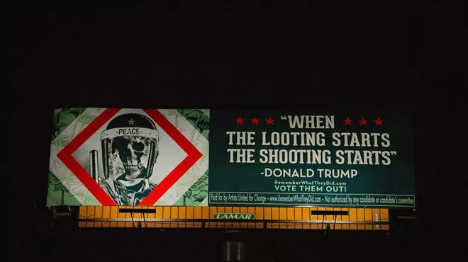 Shepard Fairey's billboard addressing President Trump's violent rhetoric.