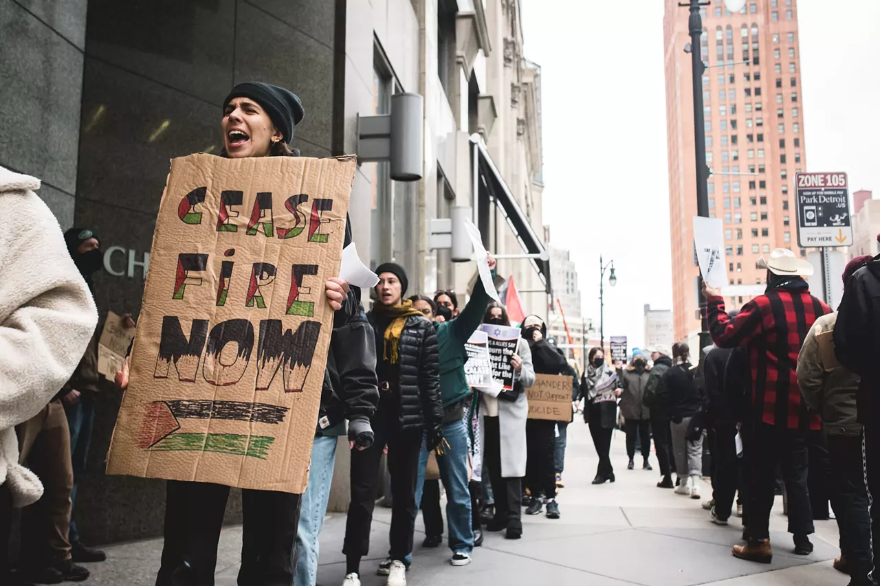 Image: Shut it Down for Palestine protest outside of Debbie Stabenow's office calls for a 'Ceasefire Now'