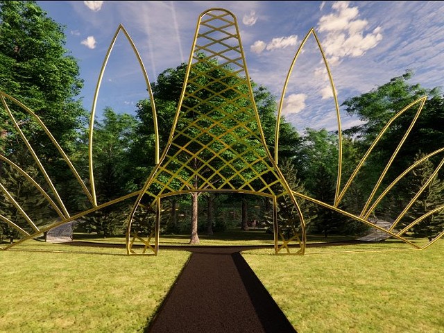 A rendering of Detroit Remediation Forest and Jordan Weber’s “New Forest, Ancient Thrones” installation.