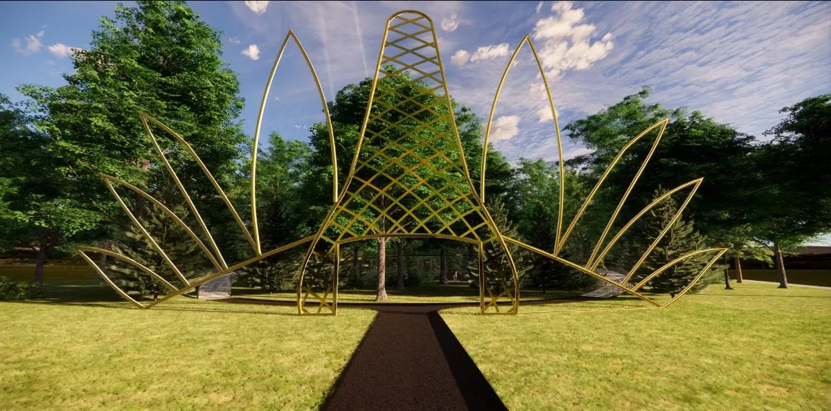 Image: A rendering of Detroit Remediation Forest and Jordan Weber’s “New Forest, Ancient Thrones” installation.