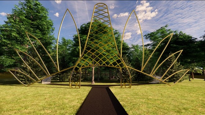 A rendering of Detroit Remediation Forest and Jordan Weber's "New Forest, Ancient Thrones" installation.