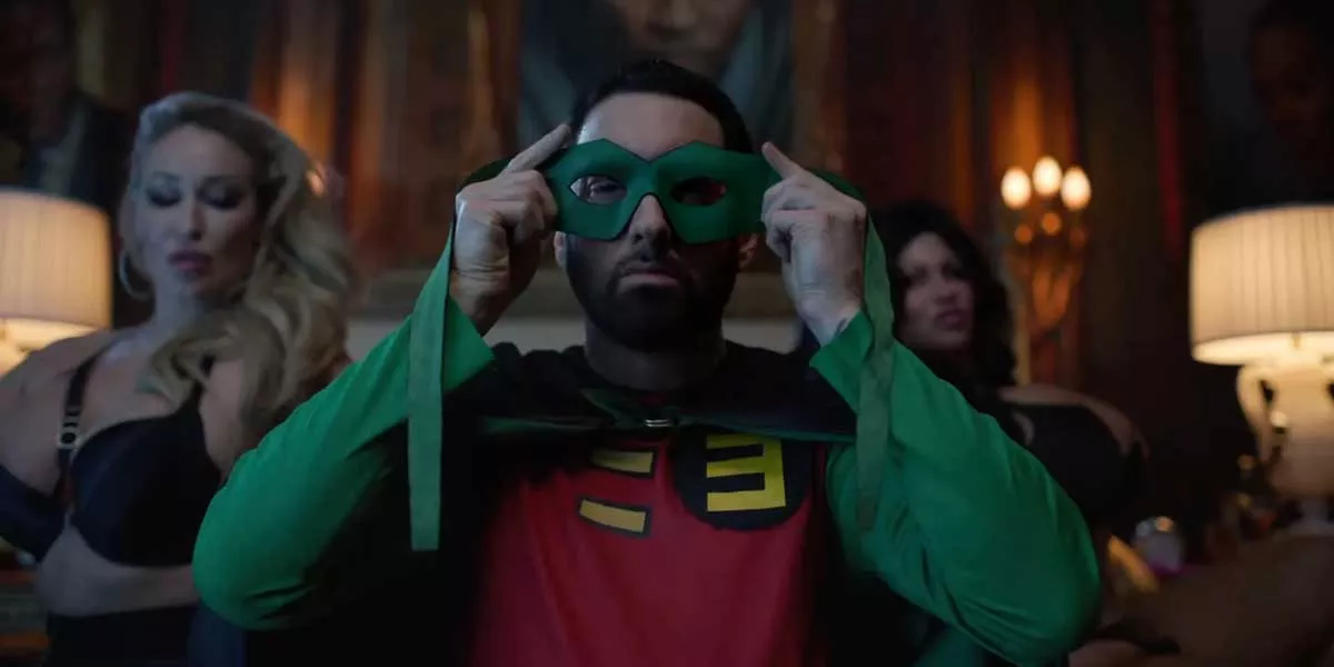 Image: Eminem reprises his superhero role in the video for “Houdini.”