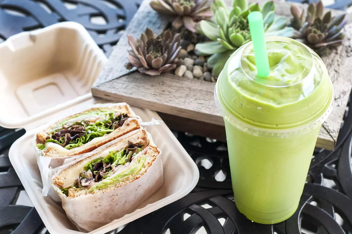Image: Turkey sandwich and smooth avocado smoothie.