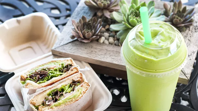 Turkey sandwich and smooth avocado smoothie.