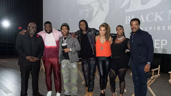 From left: BMF cast and crew Randy Huggins, Curtis “50 Cent” Jackson, Demetrius “Lil Meech” Flenory Jr., Da’Vinchi, Michole Briana White, Arkeisha “Kash Doll” Knight, and Russell Hornsby.