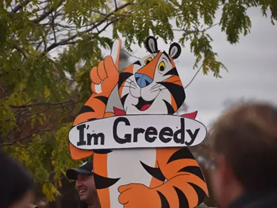 Striking Kellogg union workers and their supporters rally across from the Kellogg headquarters in Battle Creek, Oct. 27, 2021.