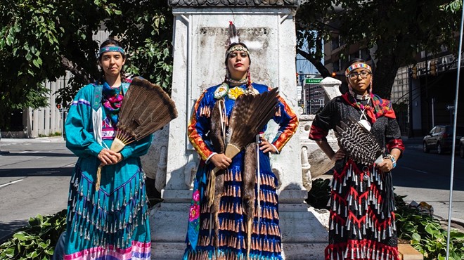 Stunning photo shows Indigenous women posing where Detroit's Christopher Columbus statue stood