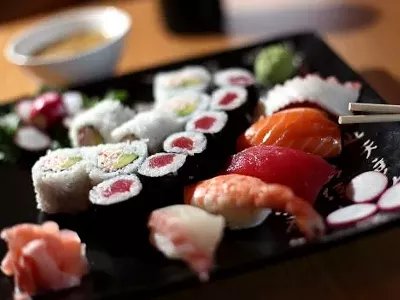 Assorted sushi including a California roll and tuna roll, from Sushi Gallery in Madison Heights.