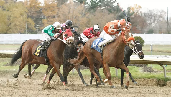 T.D. Houghton rides La Panchita (3) to victory last November at Cleveland's Thistledown Racino. - Jeff Zamaiko