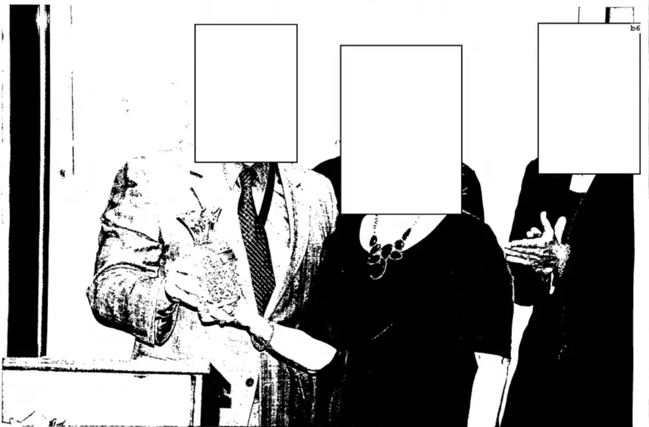 The Most Ridiculous Redaction: Federal Bureau of Investigation (2015 Winner) Brad Heath, who in 2014 was a reporter at USA Today, got a tip that a shady figure had possibly attended an FBI retirement party. So he filed a request for the guest list and pictures taken at the event. In response, the FBI sent a series of surreal photos of the attendees, hugging, toasting, and posing awkwardly, but all with polygonal redactions covering their faces like some sort of mutant, Minecraft family reunion. Runner-up: U.S. Southern Command (2023 Winner): Investigative journalist Jason Leopold obtained scans of paintings by detainees at Guantanamo Bay, which were heavily redacted under the claim that the art would disclose law enforcement information that could “reasonably be expected to risk circumvention of the law.”