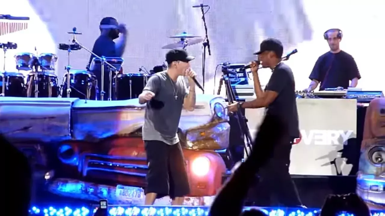 Eminem & Jay-Z at Comerica Park September 2-3, 2010 &#145;The Home & Home Tour&#146; consisted of two sold-out shows at Comerica Park in Eminem&#146;s hometown Detroit, and two sold-out shows at Yankee Stadium in Jay-Z&#146;s hometown New York. During the Detroit performance, Eminem surprised attendees with star-studded guest appearances by Dr. Dre, Drake, 50 Cent, D12, The Alchemist, Trick Trick, and G-Unit. Photo via YouTube screengrab