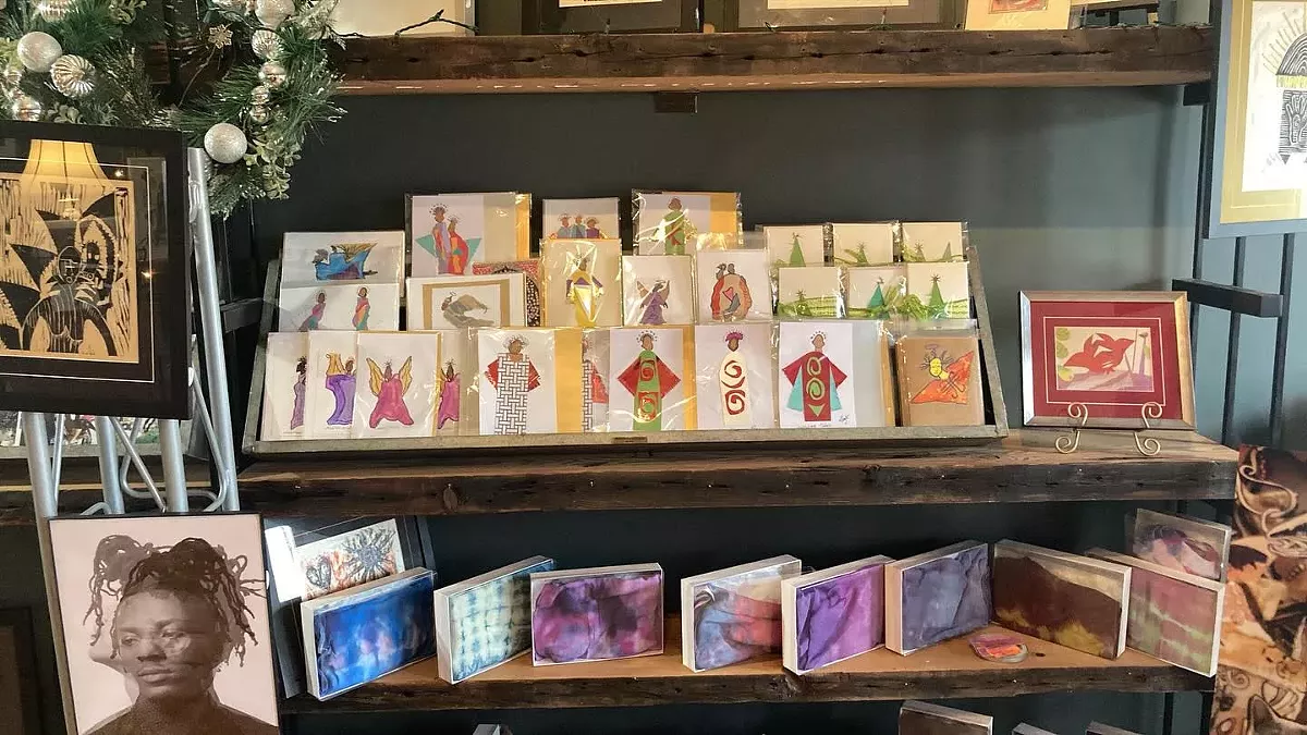 Image: A display of art for sale at the Amber Collective’s brick and mortar store.