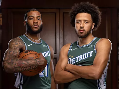 Detroit Pistons players Saadiq Bey and Cade Cunnigham.